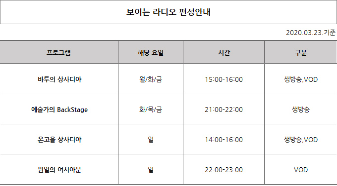 국악방송 보이는 라디오 대전편성표
